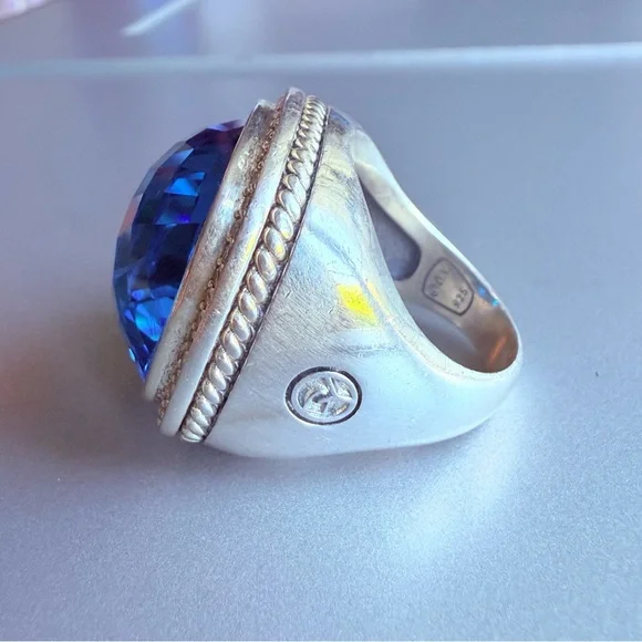 David Yurman Albion Ring 20mm Blue Topaz and Diamonds in Sterling Silver - Picture 9 of 10